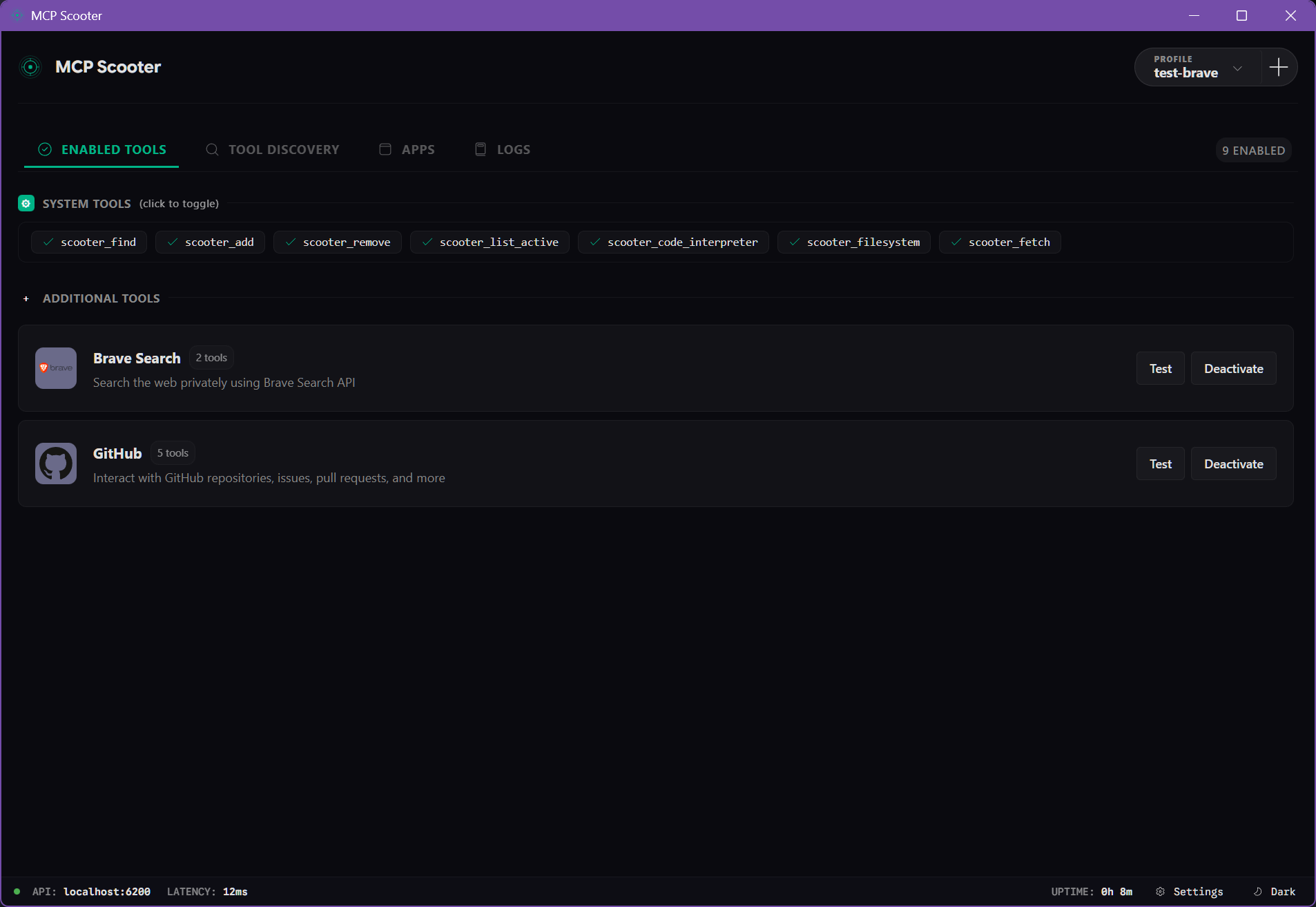 MCP Scooter Dashboard View showing active tools